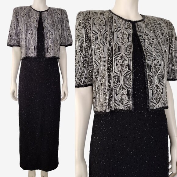Vintage 1990s Black White Heavily Beaded Maxi Dress With Attached Jacket - Picture 1 of 13